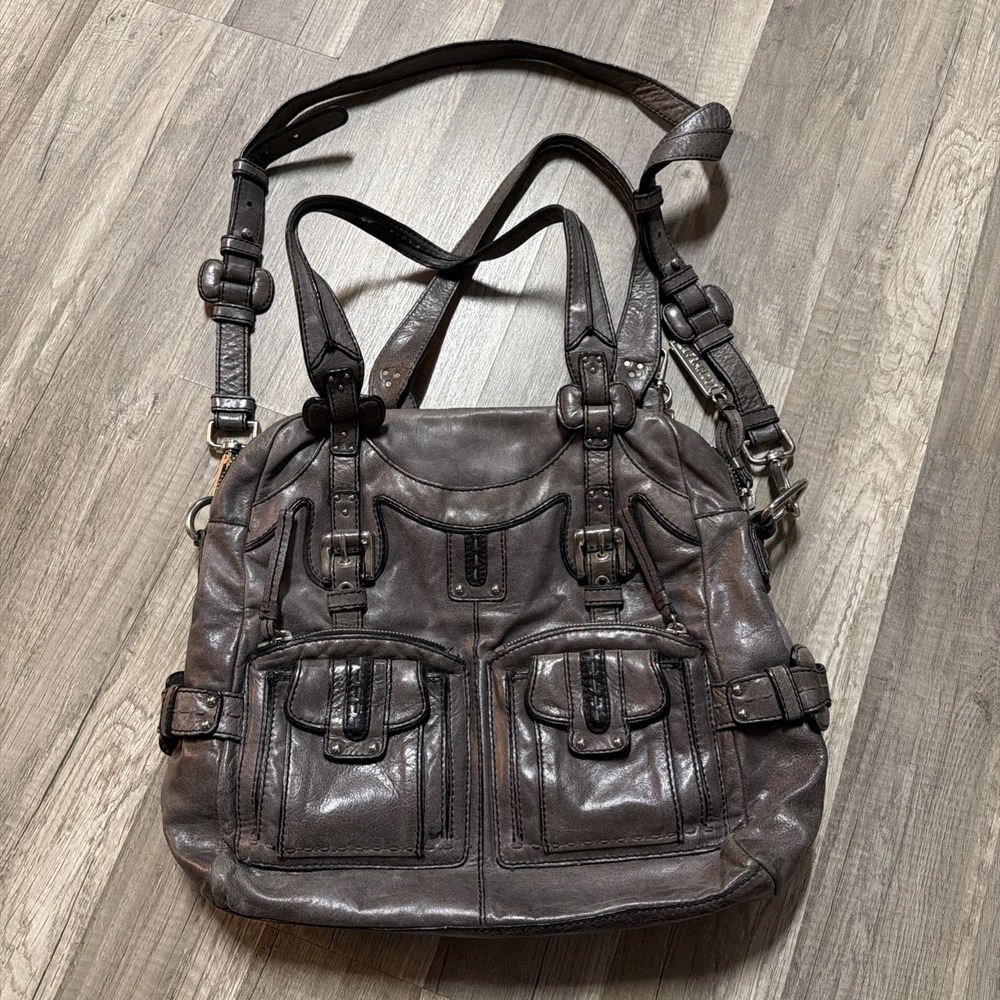 LOCKHEART VINTAGE GRAY HOBO LEATHER SHOULDER HANDBAG T022157 STUDS STRAPS